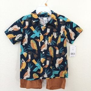 Tropical Birds of Paradise Button Up Shirt and Shorts Outfit Set